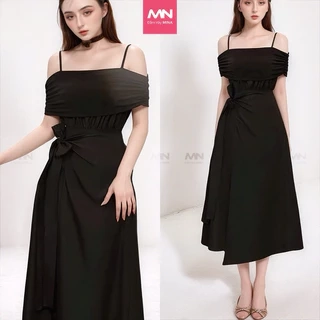 Đầm dự tiệc MINA hai dây trễ vai dáng xoè vạt chéo midi chất Cotton phối thun Lazong màu đen MN250
