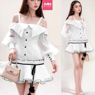 Đầm dự tiệc MINA tay dài dáng xoè cách điệu xinh đẹp chất Taffta phối Tơ lụa màu trắng MN306