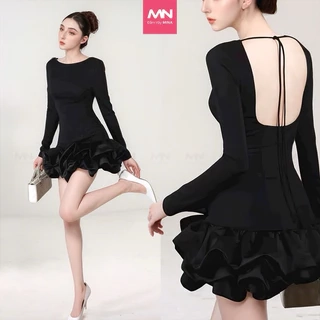 Đầm ôm body dài tay MINA thiết kế hở lưng chất Cotton Nhật phối Taffta màu đen - MN299