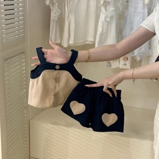 Set Bộ Áo 2 Dây Crop-top Quần Đùi Túi Trái Tim Cho Bé Gái 1-7 Tuổi MINTSCLOSET Quảng Châu - GA2335