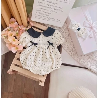 Set Đồ Liền Thân Body Chấm Bi Cổ Sen Đính Nơ Bodysuit Bé Gái Sơ Sinh 1 2 Tuổi MINTSCLOSET - BS6421