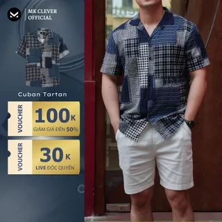 Áo Sơ Mi Cuban nam Tartan MKCLEVER Chất đũi Hàn mềm mịn, thoáng mát, chống nhăn, form rộng mặc hằng ngày