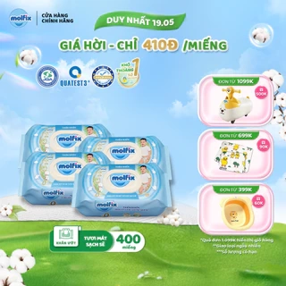 Combo 4 Khăn ướt Molfix thiên nhiên sơ sinh dịu nhẹ không hương - 4 bịch, 400 miếng
