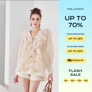 Áo thiết kế kem organza tơ bèo tay dài freesize MOLLYNISTA thanh lịch nữ tính cao cấp