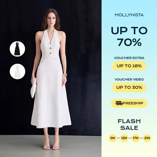 Đầm cổ V phối thun đính nút MOLLYNISTA thiết kế quyến rũ thanh lịch nữ tính cao cấp