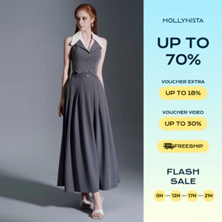 Váy thiết kế dài xếp ly kèm belt MOLLYNISTA thanh lịch nữ tính cao cấp tôn dáng