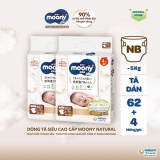 [TẶNG MIẾNG NGẪU NHIÊN] Bộ 2 Tã dán Moony Natural siêu cao cấp NB62+4/S58+2/M46/L38