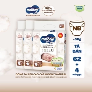 [TẶNG MIẾNG NGẪU NHIÊN] Bộ 3 Tã dán Moony Natural siêu cao cấp NB62+4/S58+2/M46/L38
