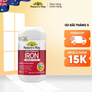 Viên Uống Sắt Hữu Cơ, Sắt Bầu Nature’s Way High Strength Iron Cung Cấp Vitamin C Và B12 Hỗ Trợ Chuyển Hoá Năng Lượng