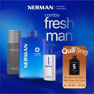 Combo Fresh Man Nerman -Sữa tắm gội lạnh 4IN1 330ml & Dung dịch vệ sinh cho nam 100ml & Xịt khử mùi toàn thân 100ml