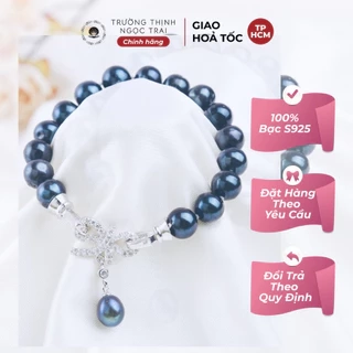 Vòng Tay Ngọc Trai Hạt 7-8ly Màu Đen Ánh Xanh Khóa Nơ - Ngọc Trai Trường Thịnh