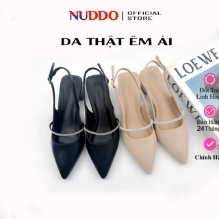 Giày Cao Gót Nữ Mũi Nhọn 3cm Da Thật Phối Quai Đá NUDDO, Guốc Slingback Nữ Đế Vuông Cao Cấp N3900D