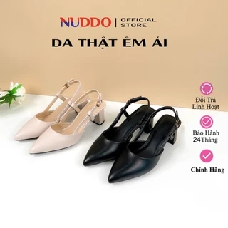 Giày Sandal 5cm Cao Gót Nữ Công Sở Mũi Nhọn, Guốc Nữ Đế Vuông Quai Sau Da Thật Cao Cấp N05A8