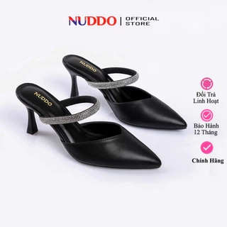 Giày Sục Nữ Mũi Nhọn 7 Phân, Guốc Sandal Bít M ũiCao Gót Phối Dây Đá Sang Trọng NUDDO NS09