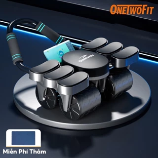 OneTwoFit Con Lăn Tập Bụng 4 bánh nâng cấp Có thể phục hồi Trợ Lực 4 Bánh Chống Đổ Tặng Thảm Đồng Hồ