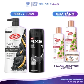 Combo Sữa tắm Lifebuoy Detox và Bảo vệ khỏi vi khuẩn 800gr(Chai) và Xịt nước hoa nam toàn thân AXE135ml