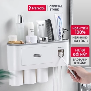 Bộ Nhả Kem Đánh Răng Thông Minh, kệ để đồ phòng tắm, bộ lấy kem đánh răng thông minh Parroti Morning