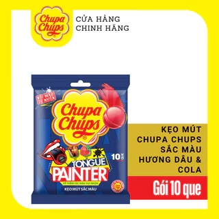Kẹo mút Chupa Chups (Gói 10 que) Hương trái cây hỗn hợp và kẹo mút tô màu lưỡi hương Dâu và Cola