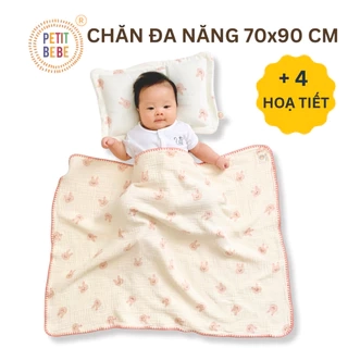 Chăn đa năng 70x90cm viền thủ công cho bé PETIT BEBE muslin 4 lớp thấm hút thoáng khí