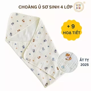 Khăn choàng ủ sơ sinh có mũ PETIT BEBE muslin 4 lớp thoáng khí mềm mại nhiều họa tiết dễ thương