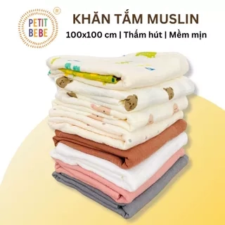 Khăn tắm cho bé Petit Bebe 100x100cm muslin 2 lớp thấm hút thoáng khí