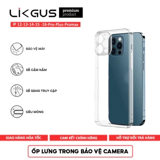 Ốp Lưng CHÍNH HÃNG LIKGUS - Màng Bảo Vệ Camera Trong Suốt - Viền Cứng Không Ố Vàng Cho IP 16-15-14