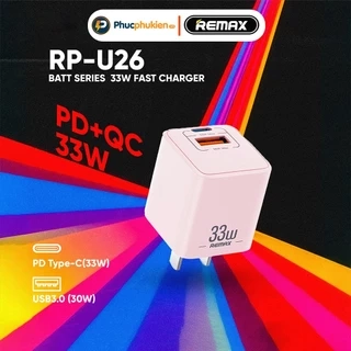 Củ sạc nhanh 33w Remax U26 thiết kế 2 cổng sạc nhanh PD 33w và QC4.0 30w sạc đầy 60% pin trong 30 phút Phúc Phụ Kiện