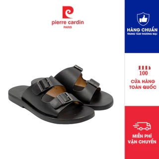 Dép nam Pierre Cardin Pháp da bò thật, quai ngang, đế bằng thời trang khắc logo 164 - Hàng chính hãng