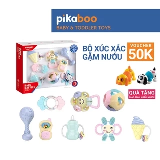 Bộ xúc xắc gặm nướu cao cấp 8 món Pikaboo, xúc xắc kết hợp silicone mềm cao cấp an toàn cho bé