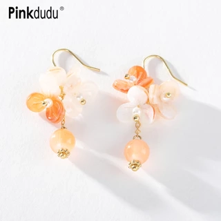 Khuyên tai PINKDUDU PD1495 hợp kim dáng dài họa tiết hoa/ quả cam phong cách cổ điển thời trang cho nữ