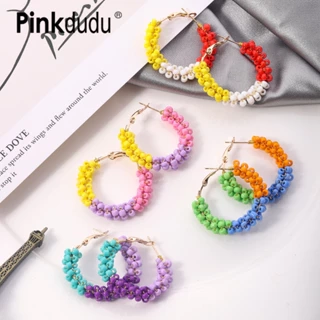 Khuyên tai PINKDUDU PD1617 dạng vòng đính hạt nhựa hợp kim cá tính thời trang cho nữ