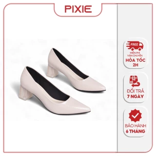 Giày Cao Gót 5cm Da Bóng Mũi Nhọn Đế Vuông Phối Mica Pixie P006