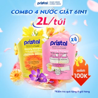 Combo 4 nước giặt sinh học Pristal 6in1 hương Lavender, hoa mùa hạ, túi 2L nước giặt quần áo, an toàn cho da em bé
