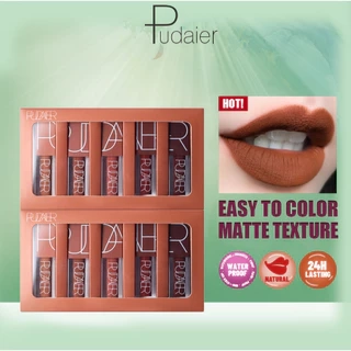 Bộ Son Môi Chất Lỏng Pudaier Matte Lâu Dài Son Tint 5 Màu Bộ Chống Thấm Nước Chống Dính Cốc Sương Bề Mặt Môi Glaze Trang Điểm