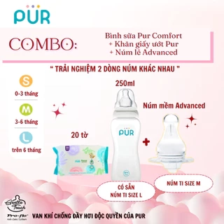 Bình sữa Pur Comfort + núm mềm Advanced + khăn 20 tờ