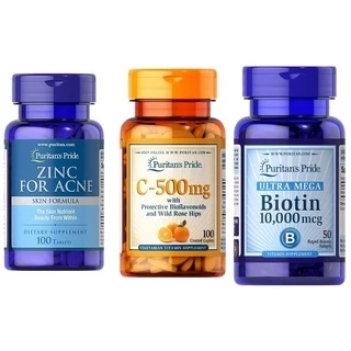 Combo hết mụn - liền sẹo ngừa thâm Puritan's Pride zinc for Acne 100v , Biotin 50v, Vitamin C 100v