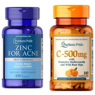 Combo sạch mụn thâm, sưng tăng cường miễn dịch Puritan's Pride - Zinc for Acne 100 viên - Vitamin C 100v