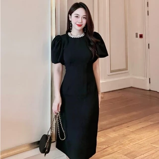 RẬP - Đầm Đen Tay Phồng Cổ Tròn Đính Đá Trắng - TITI 06 ĐEN ĐÁ TRẮNG