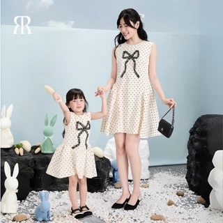 RẬP MOMMY & BABY - Đầm Chấm Bi Cổ Tròn Đính Nơ - MOMMY 08
