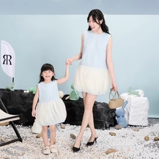 RẬP MOMMY & BABY - Đầm Xanh Cổ Tròn Kết Dây Tweed Tay Ngắn - PARIS 04