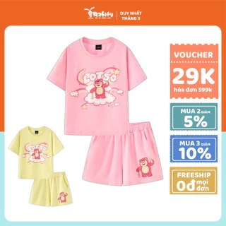 Bộ thun ngắn tay bé gái họa tiết gấu dâu Lotso Rabity bộ quần áo mặc nhà cho bé 560.05