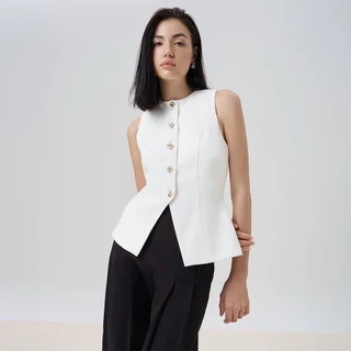 RECHIC Áo kiểu Sally sát nách trơn chiết eo xẻ tà áo cổ tròn thanh lịch