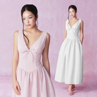 RECHIC Đầm dài Kyomi cổ V sát nách dáng xòe chiết eo sang trọng