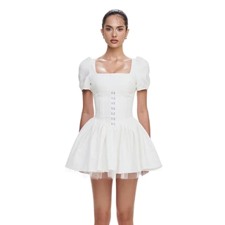 RECHIC Đầm ngắn xòe Erica cổ vuông tay phồng phối corset sang trọng thanh lịch