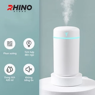 Máy phun sương, xông tinh dầu Rhino HH901 nhỏ gọn dung tích 420ml, tích hợp đèn ngủ