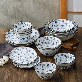 Bộ bát đĩa sứ họa tiết hoa xanh viền nâu Nhật Bản | Sa Maison x MinoWare