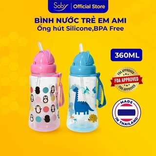 Bình nước cho bé Saby Ami nhựa PP, ống hút silicone không chứa BPA, 360ml dễ cầm nắm, mang đi học