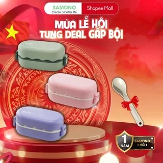 Hộp cơm văn phòng Samono BTW30301 dung tích 850ml, 2 tầng 3 ngăn, kèm muỗng, xanh, tím, hồng