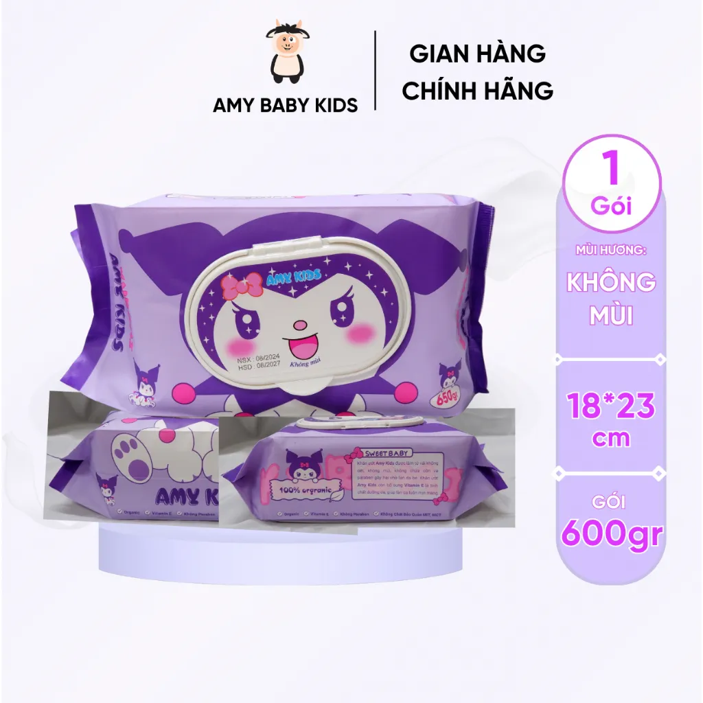 Ảnh 1 Gói Khăn Giấy Ướt 600Gr Amy Kids Không Mùi An Toàn Cho Bé Gói Hồng & Tím 3
