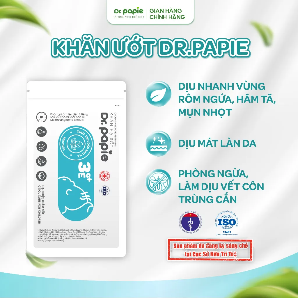 Ảnh 1 Gói Khăn Lau Hạ Sốt Tẩm Ướt Thảo Dược Dr.Papie Làm Mát Dịu Da, Vết Côn Trùng Đốt, Giảm Rôm Sảy, Mẩn Ngứa Cho Bé 2